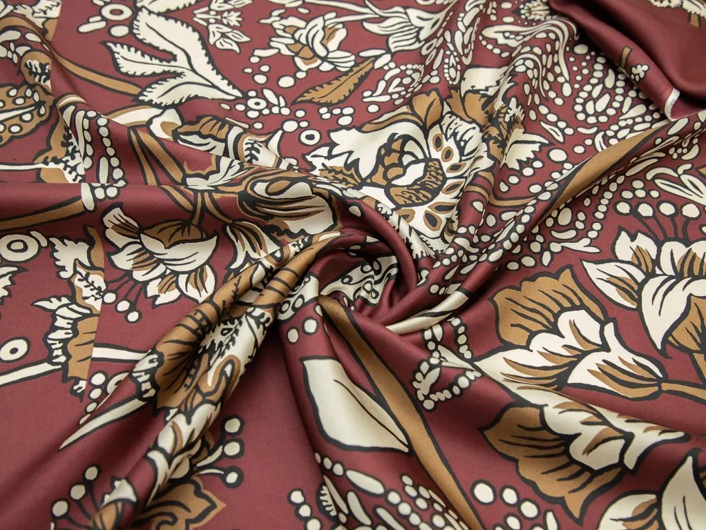 Блузочно-плательный шелк твил с рисунком "Сказочные цветы" на бордовом фоне, купон 80 смизображение