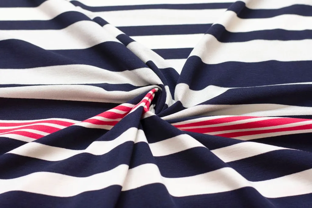 Трикотаж в полоску с люрексом, цвета синий, густо-розовый и белыйизображение