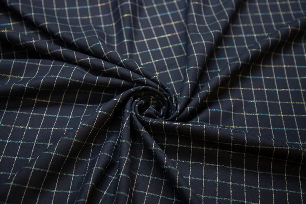 Костюмная ткань  в  клетку с люрексом на синем фонеизображение