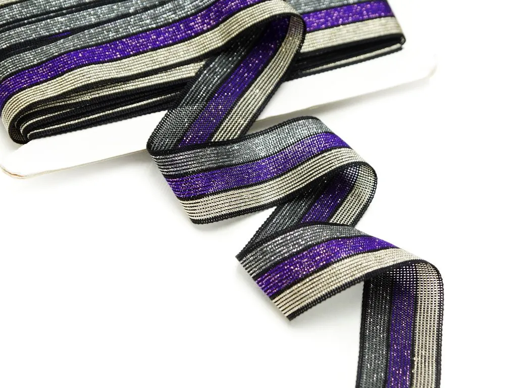 Лента лампасная, трикотажная, серая/фиолетовая/бежевая полоска с люрексом, ширина 40 ммизображение