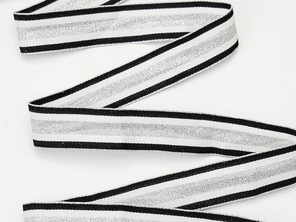 Лента репсовая, двухсторонняя,с люрексом, чёрный/белый/серебро (полосы), ширина 25 ммизображение