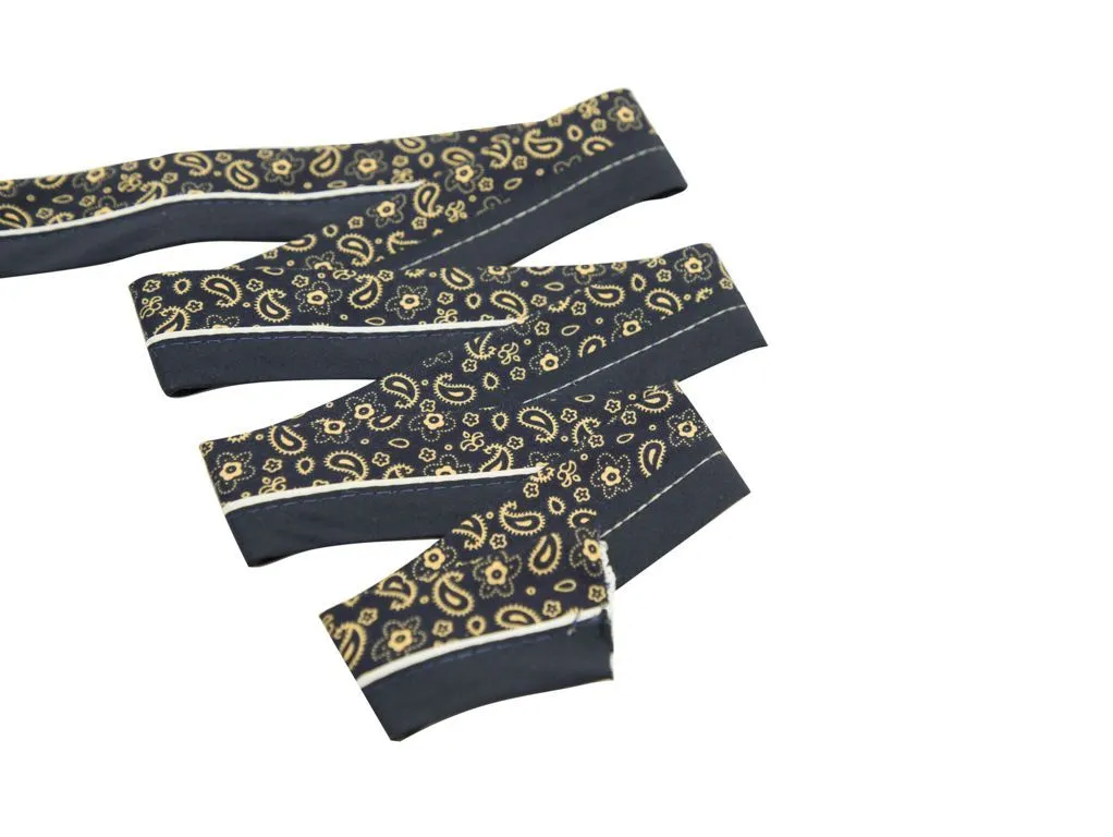 Лента корсажная брючная, жёлтый узор на тёмно-синем, с белым кантом, ширина 40 ммизображение