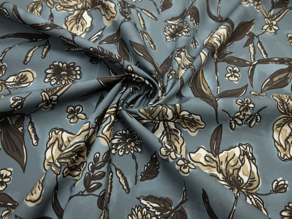 Рубашечно-плательный хлопок с рисунком "Садовые цветы", цвет сине-коричневыйизображение