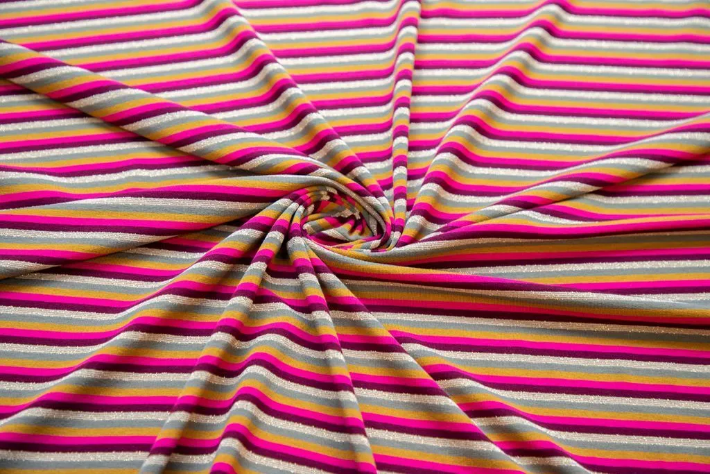 Кулирная гладь в полоску с люрексом, розово-горчичныйизображение