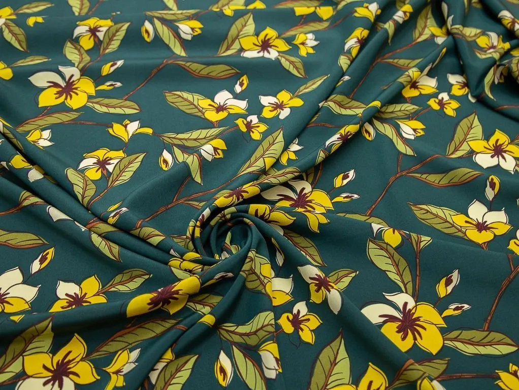 Блузочно-плательный шелк, креп, с яркими желтыми цветами на изумрудном фонеизображение