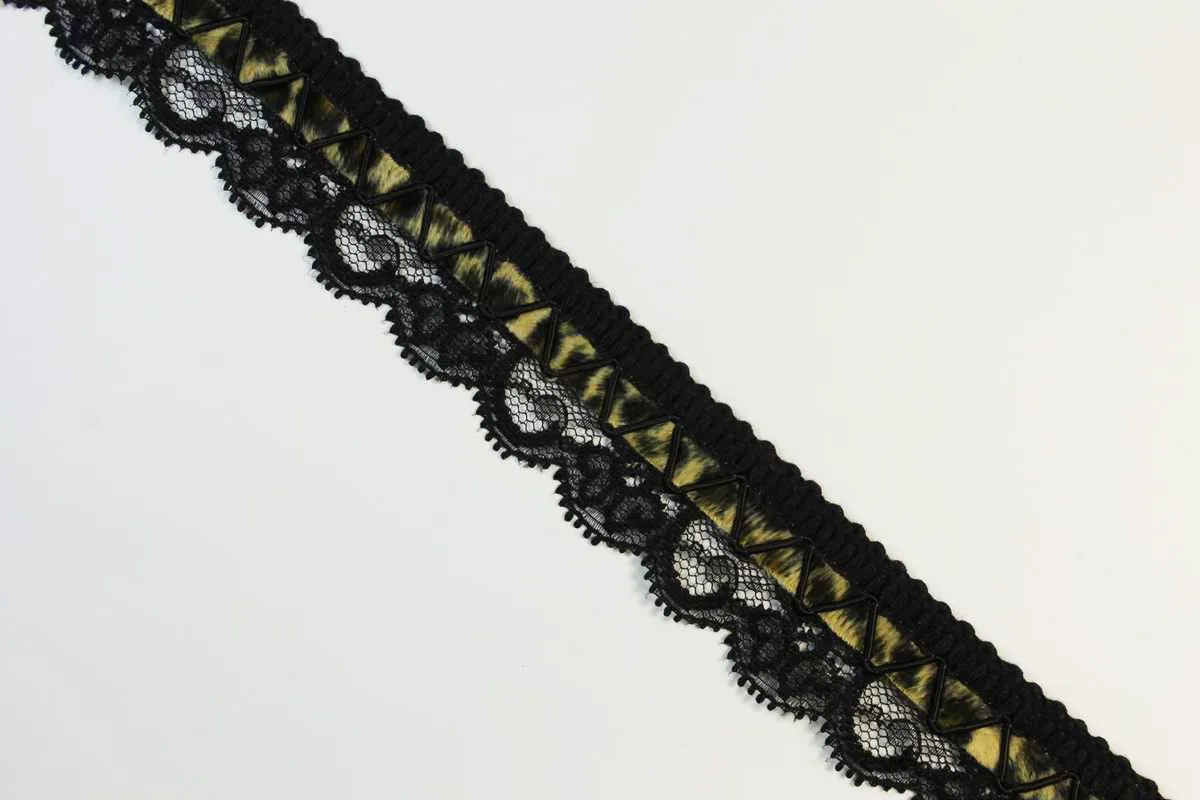 Тесьма-кружево, чёрного цвета с леопардовой вставкой, ширина 35 ммизображение