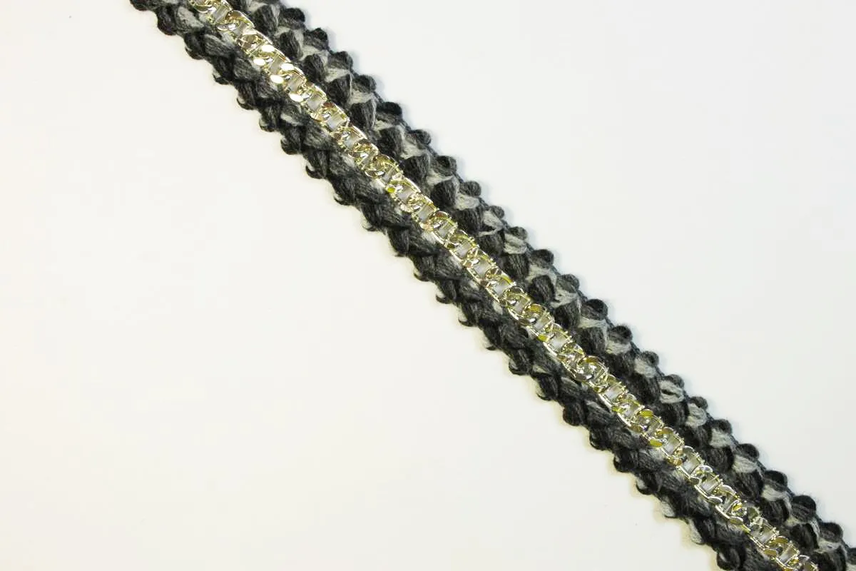 Тесьма декоративная с цепочкой, чёрно-серого цвета, ширина 28 ммизображение