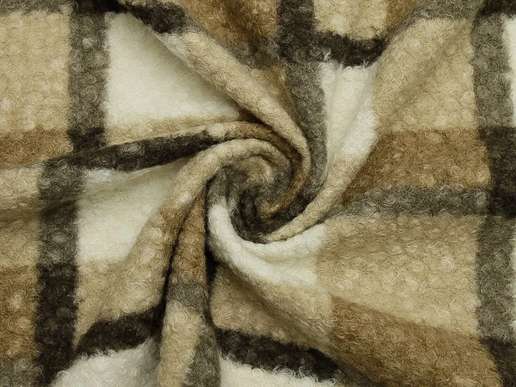 Пальтовая ткань, с текстурой "Барашек", в бежево-коричневую клеткуизображение