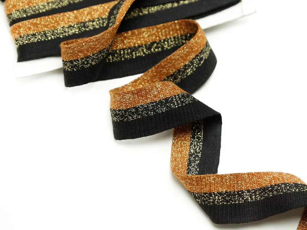 Лента лампасная, трикотажная, вязаная, коричневая/чёрная полоска с люрексом, ширина 35 ммизображение
