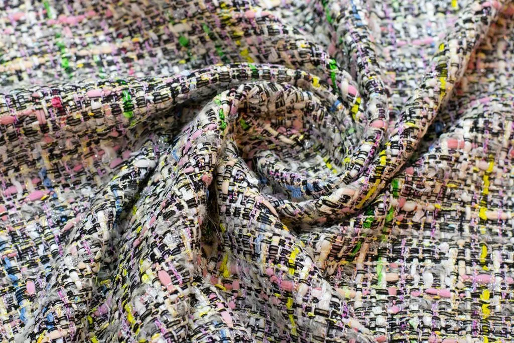 Двухсторонняя твидовая костюмная ткань, цвет черно-розовый мультиколоризображение