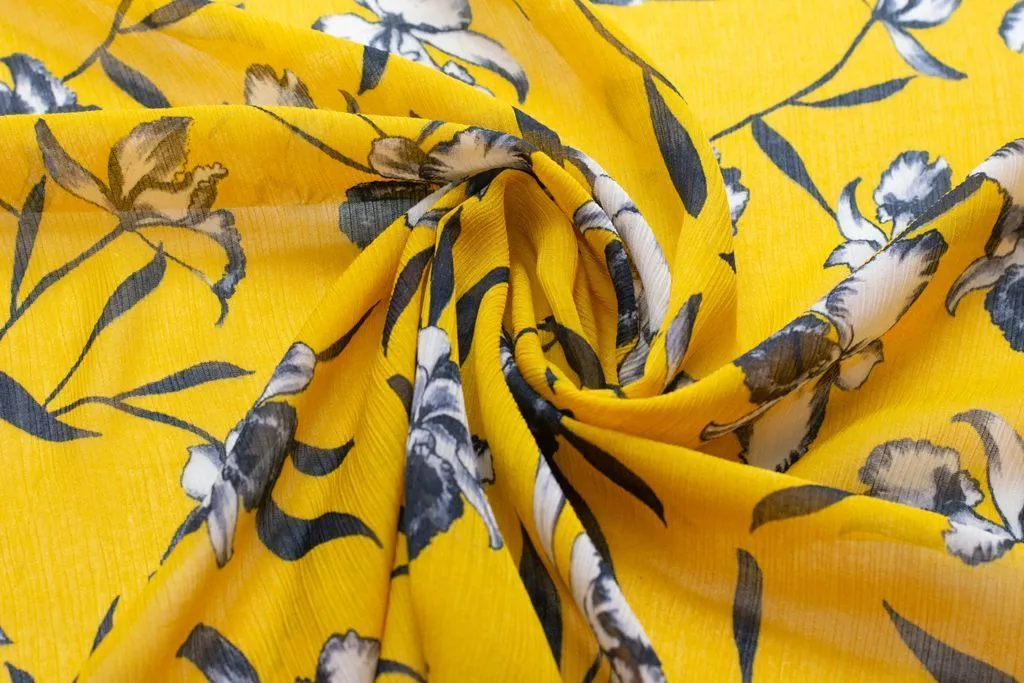 Шифон с жатым эффектом, рисунок "орхидеи" на желтом фонеизображение