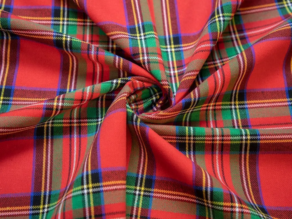 Костюмная ткань в клетку тартан с бархатным эффектом, цвет зелено-красныйизображение