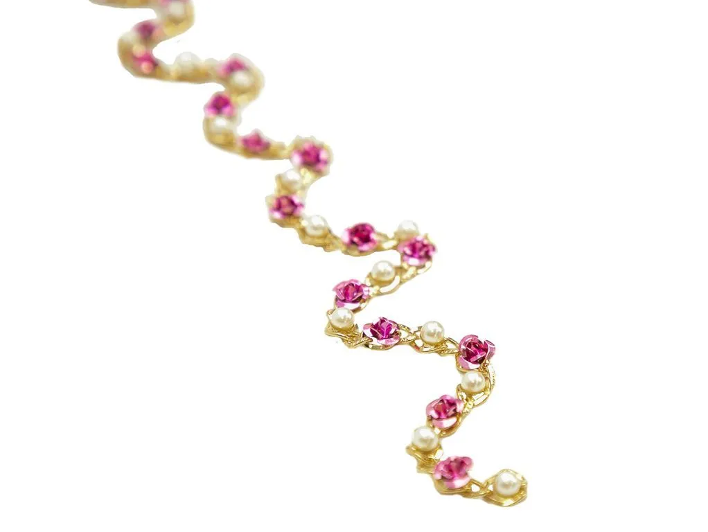 Цепь металлическая декоративная, золото/белый жемчуг/розовые цветы, ширина 8 ммизображение