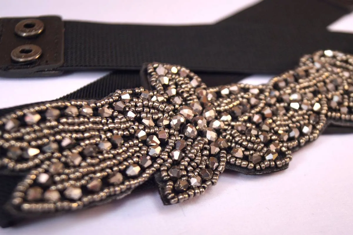 Пояс декоративный, резиновый, чёрного цвета с бисером цвета стали, длина 1000 ммизображение