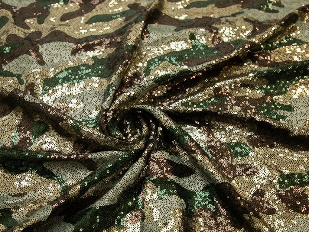 Ткань плательная с пайетками с абстрактным рисунком в зелено-коричневых тонахизображение