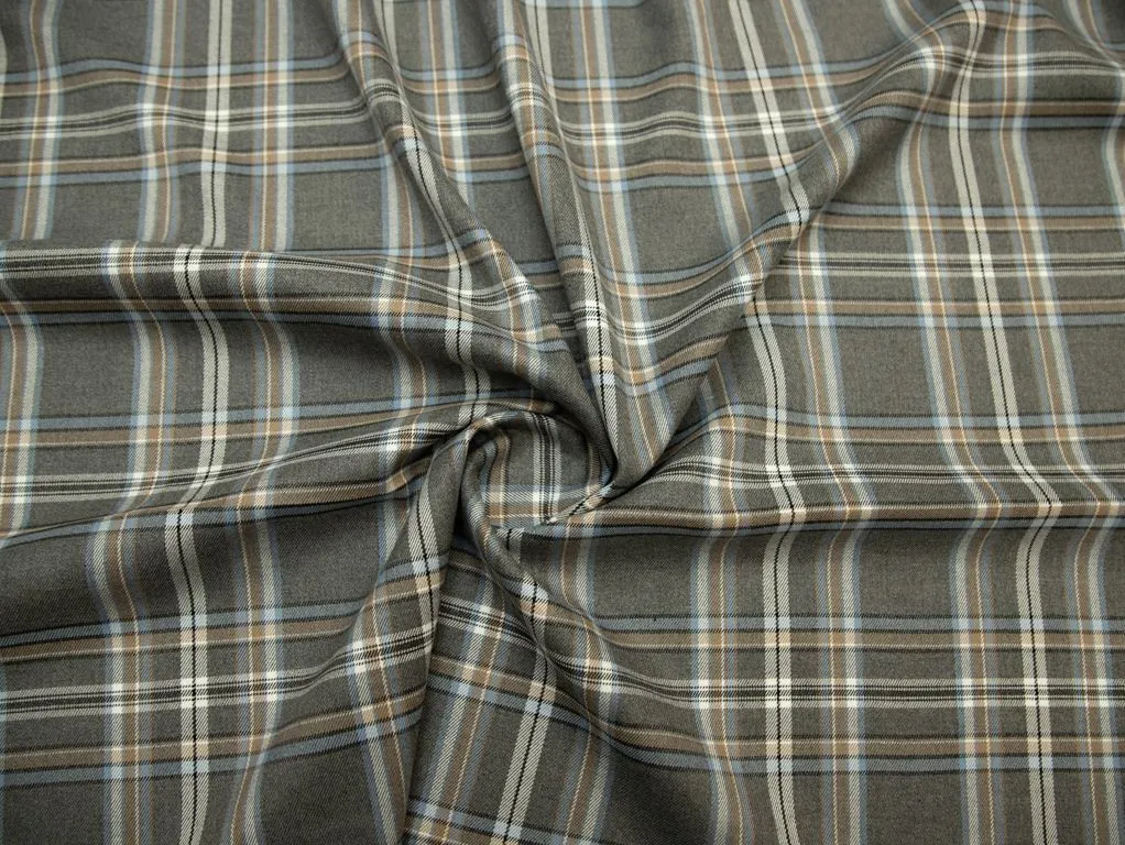 Костюмная ткань в сине-коричневую клетку, цвет фона серыйизображение