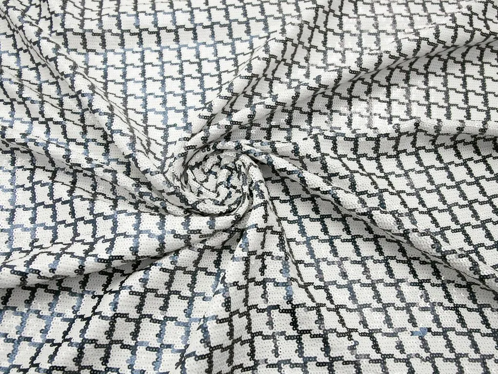 Ткань плательная с пайетками в клетку, цвет сине-белыйизображение